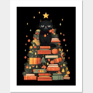 Cute Christmas Cat Books Tree Posters and Art